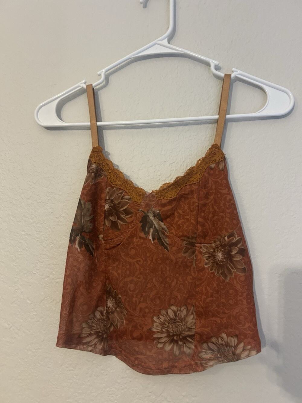 SHEIN Women’s Brown Floral Mesh Lace Trim V-Neck Cami Spaghetti Strap M